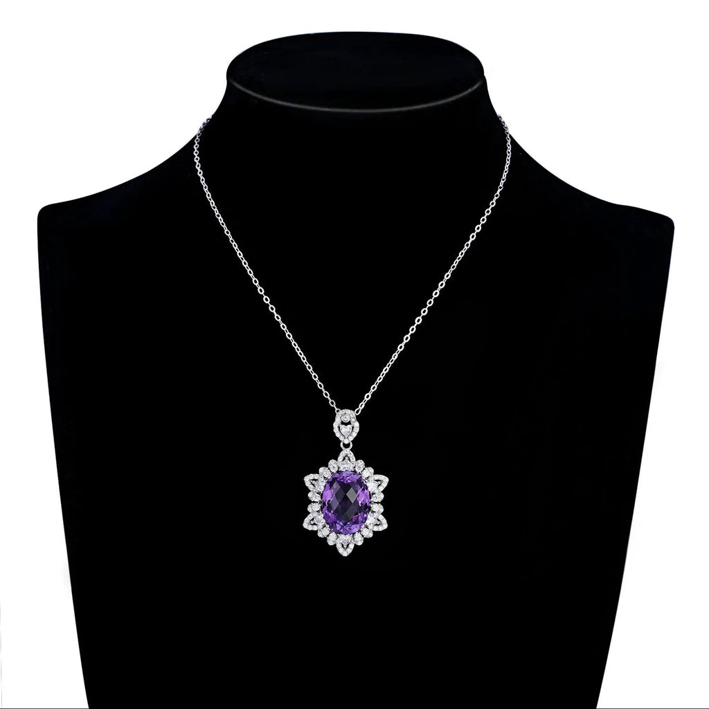 Natural amethyst necklace in 925 silver, geometric pendant, chain length 40+5cm, white silver colour
