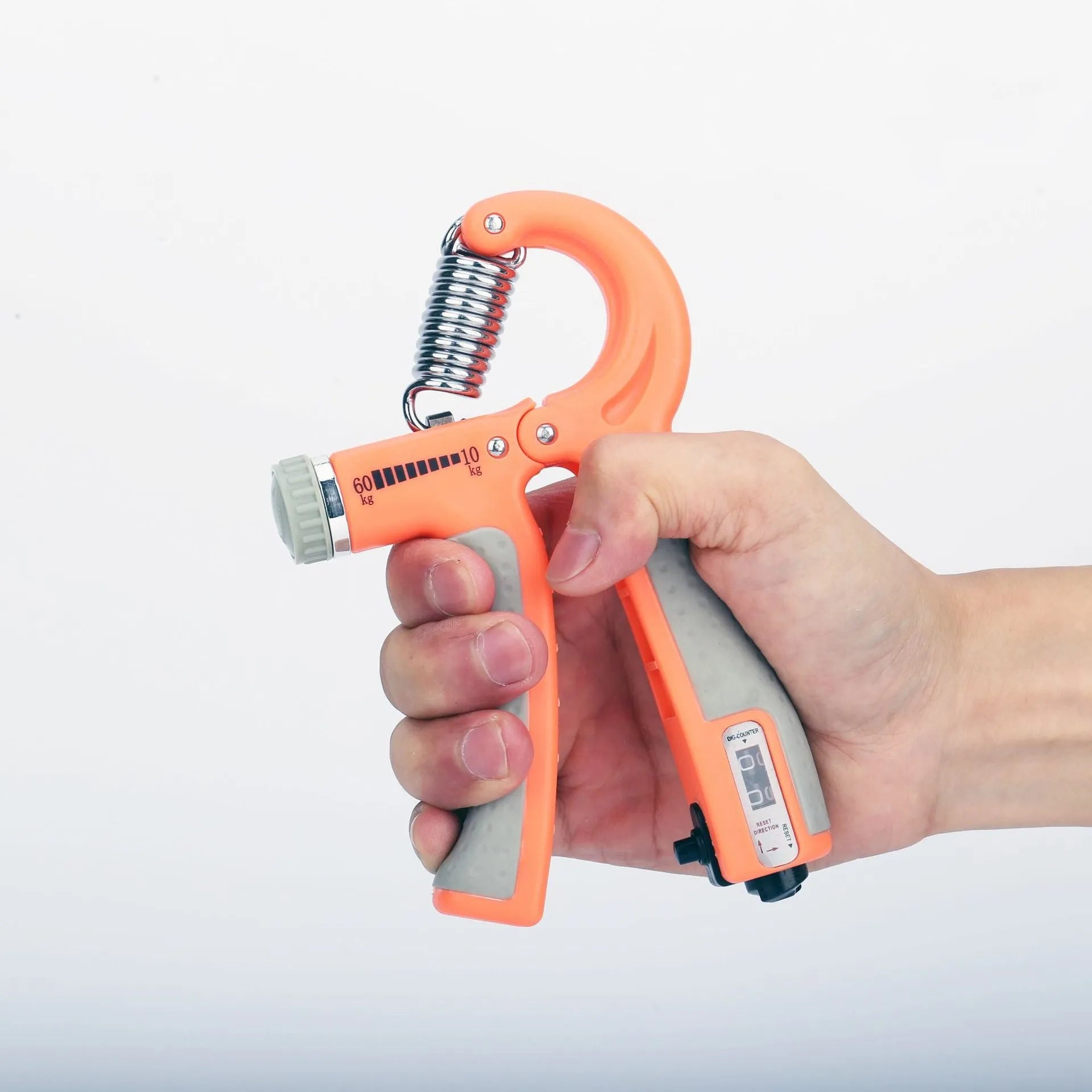 Black adjustable hand grip with mechanical counter, ABS and stainless steel, 16cm by 12cm