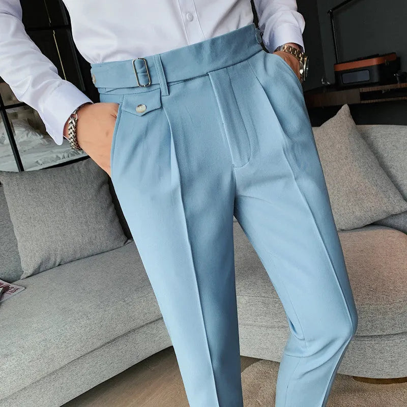 Men's straight-leg casual trousers in black polyester on a plain background.