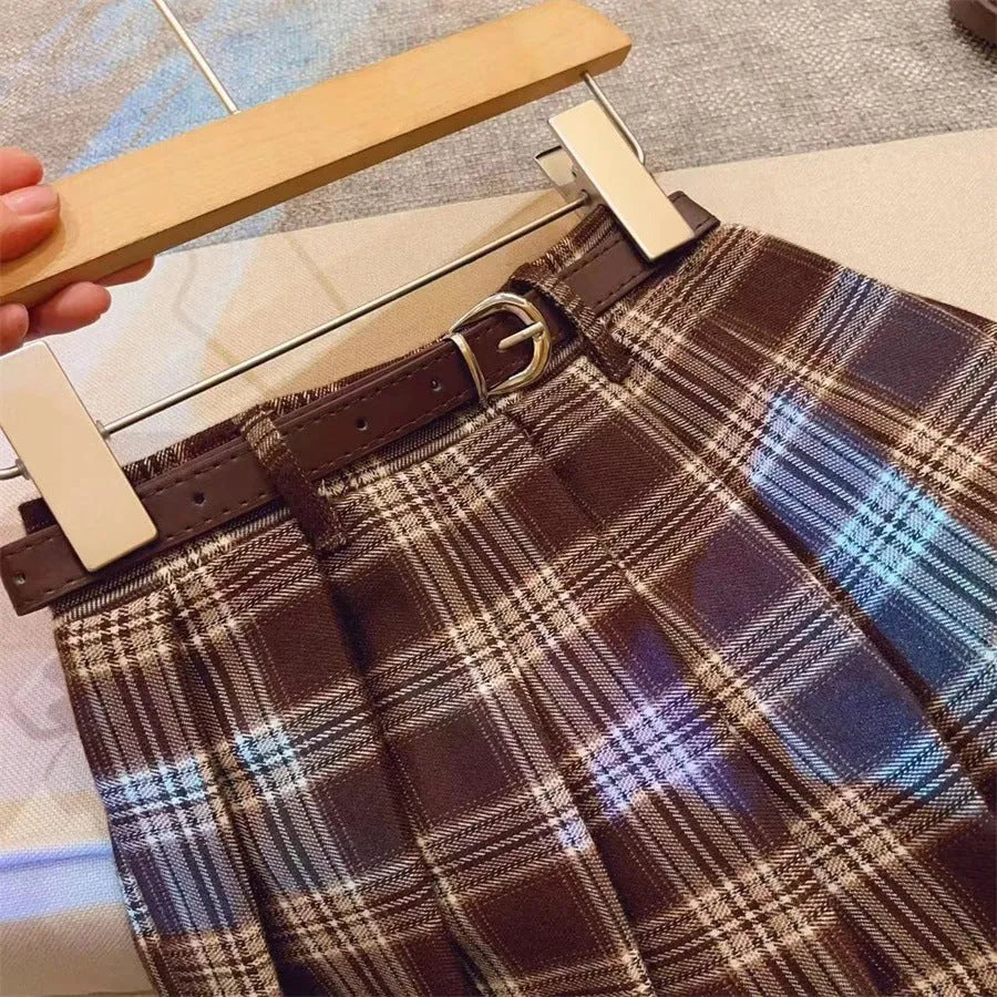Girls plaid pleated A-line skirt in cotton blend fabric available in six height sizes