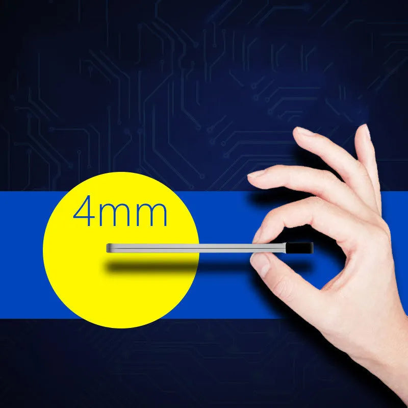 Silver aluminium graphene power bank showing slim 4mm profile with charging ports