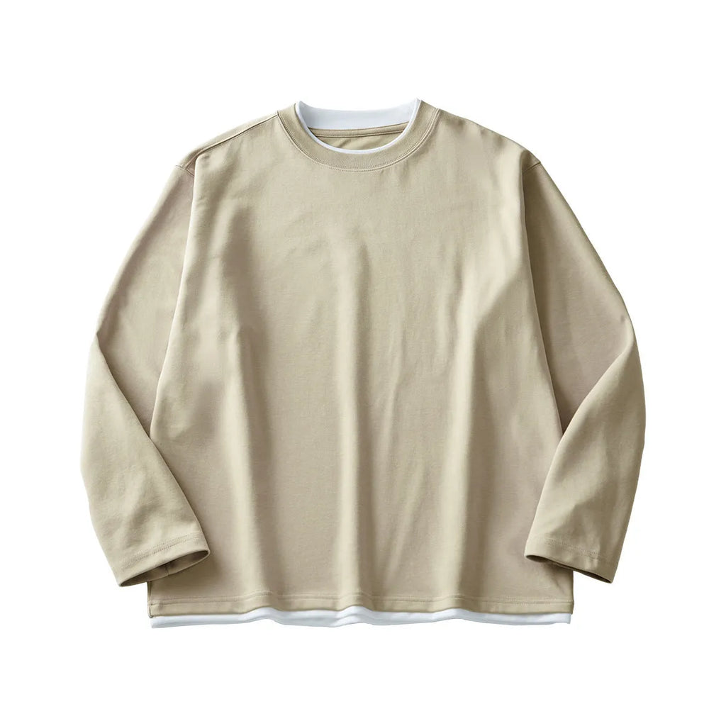 Men's loose-fit long-sleeved casual T-shirt in a solid colour with a round neck.