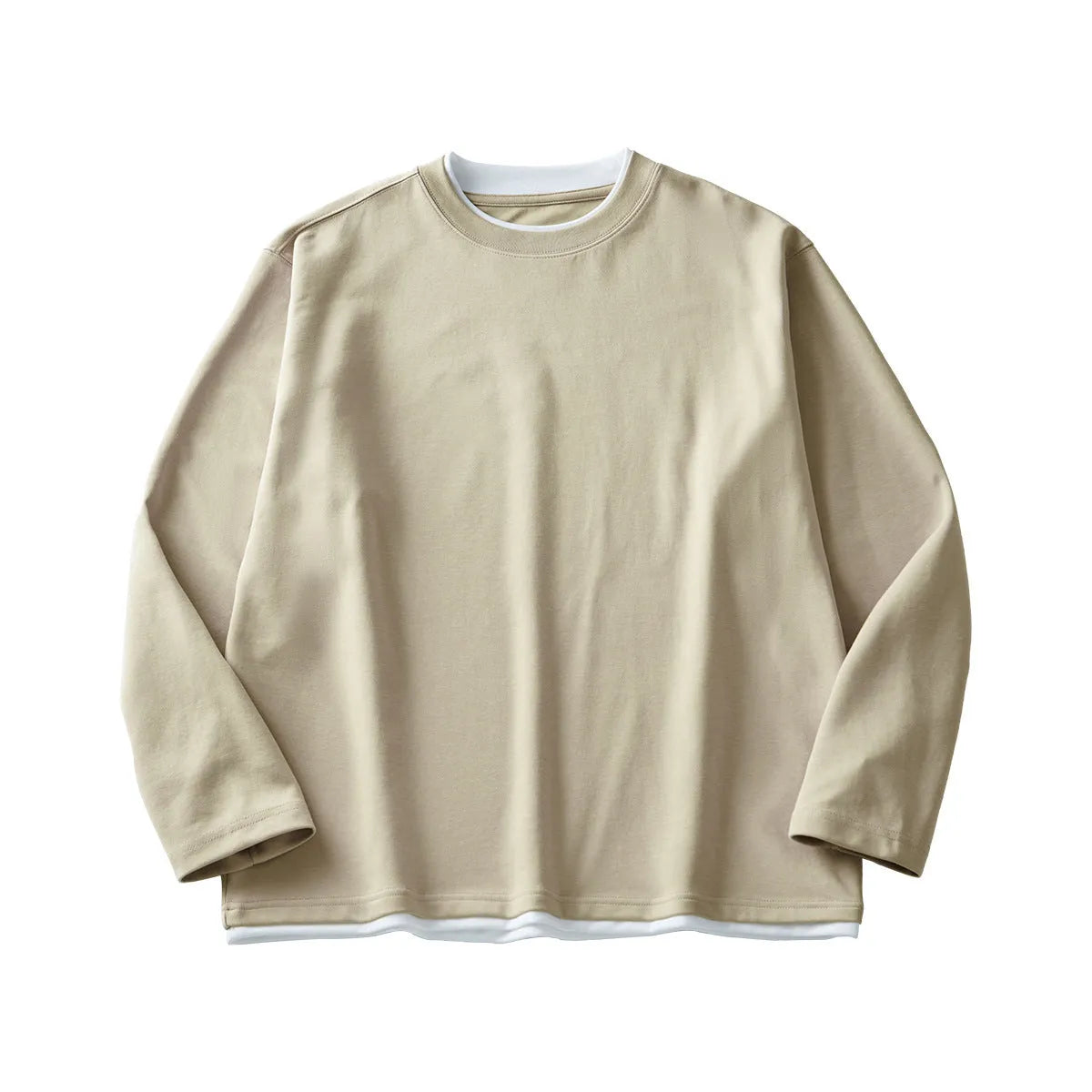 Men's loose-fit long-sleeved casual T-shirt in a solid colour with a round neck.