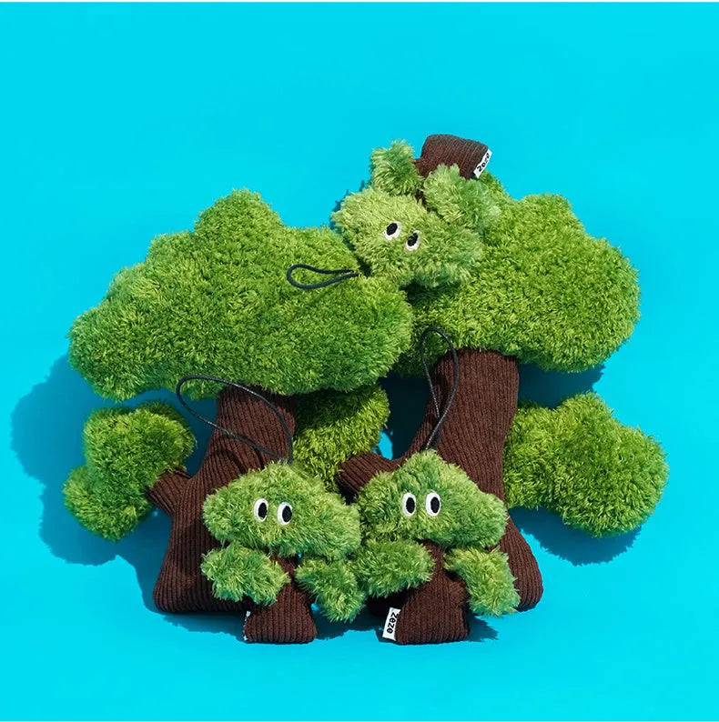 Pine tree shaped fabric cat mint toy with dangling tease stick in three size options