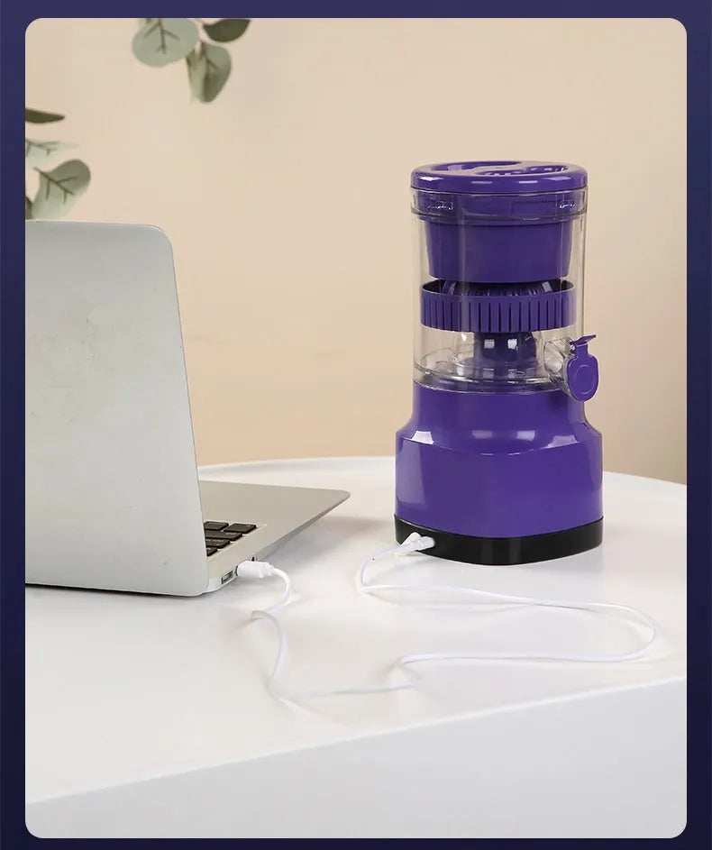 Purple USB rechargeable electric citrus juicer with detachable cone and pulp filter.