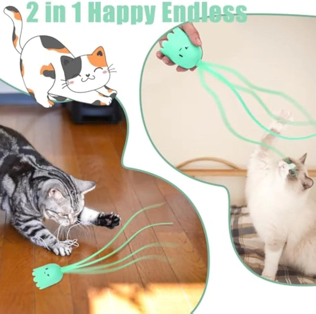 Automatic electronic cat wand toy with swinging silicone tails on green background