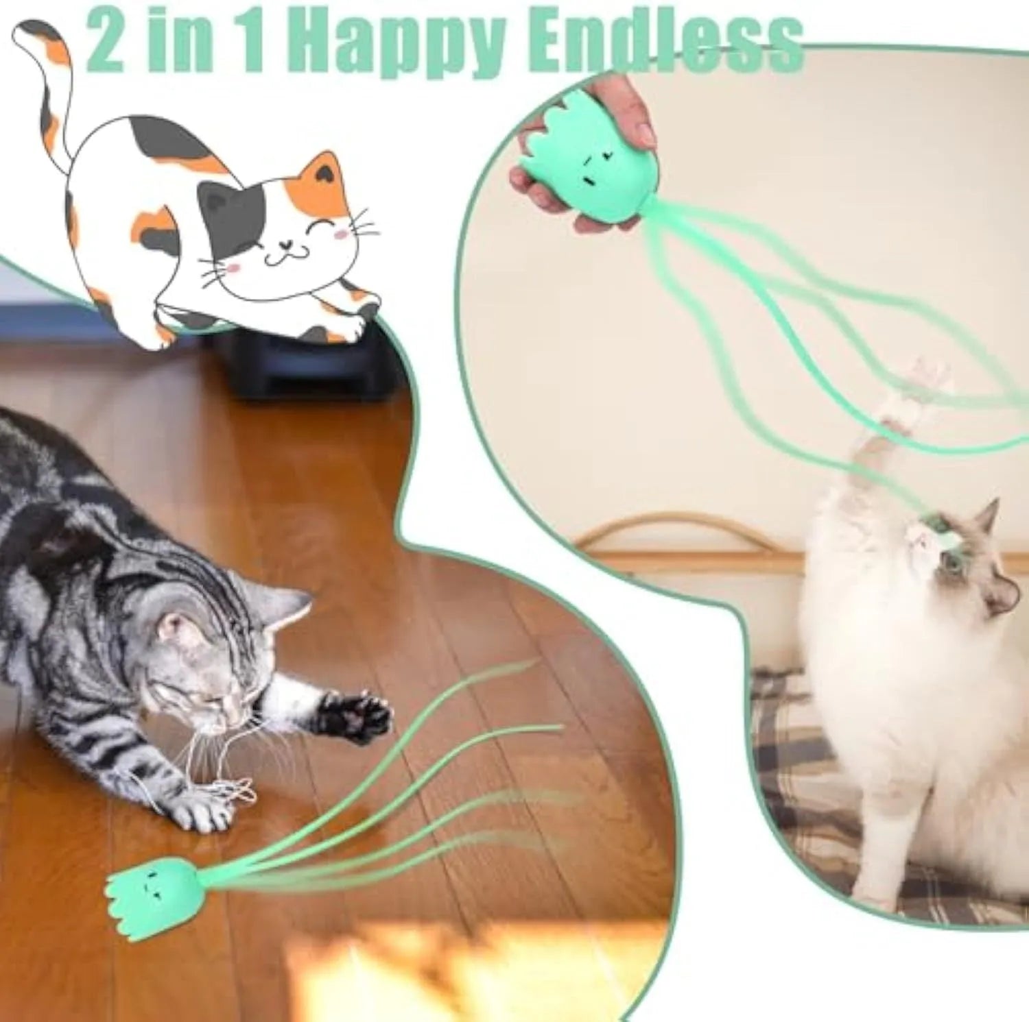 Automatic electronic cat wand toy with swinging silicone tails on green background
