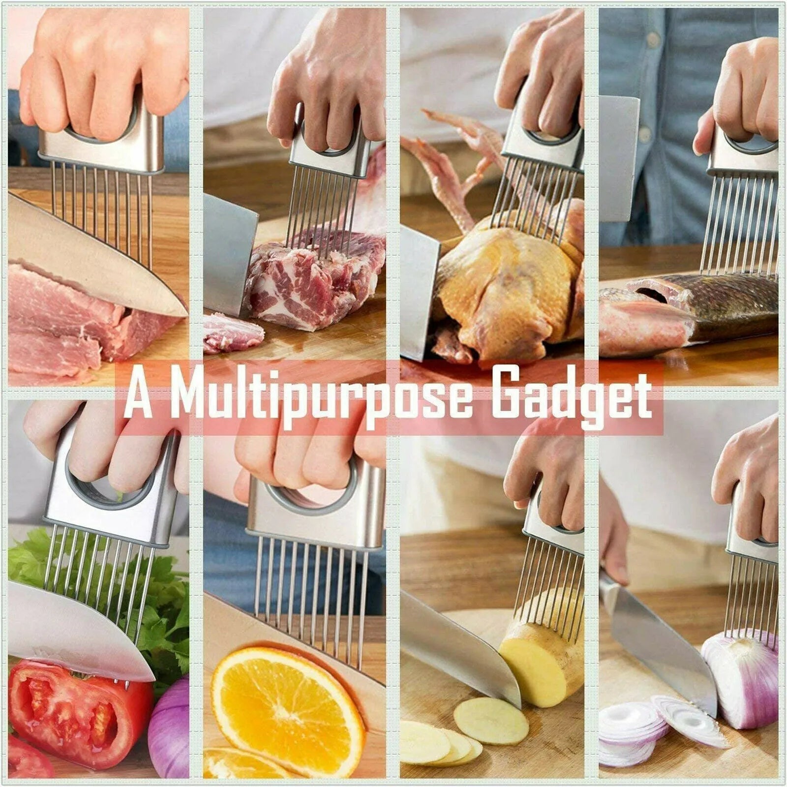 Stainless steel onion holder slicer with prongs and finger guard on a chopping board