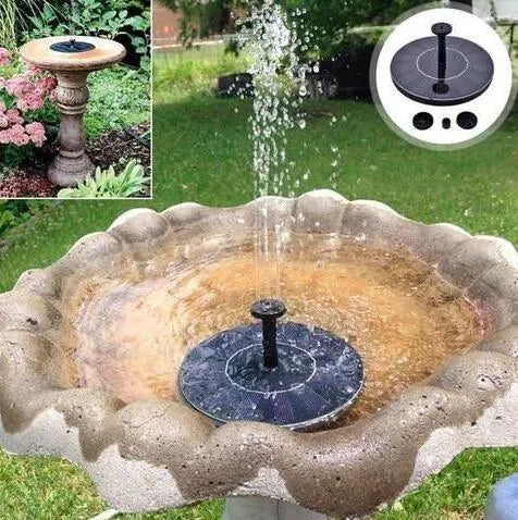 Black solar-powered fountain pump with four spray nozzles for garden birdbaths and ponds