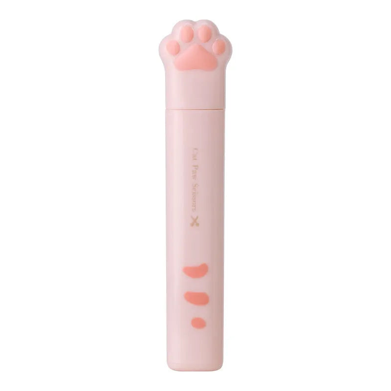 Cat paw design mini folding scissors in pink, showing stainless steel blades and compact size.