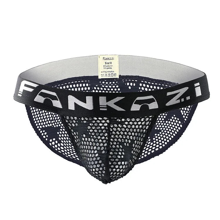 Men's white and black breathable mesh underwear with high-fork design on a plain background