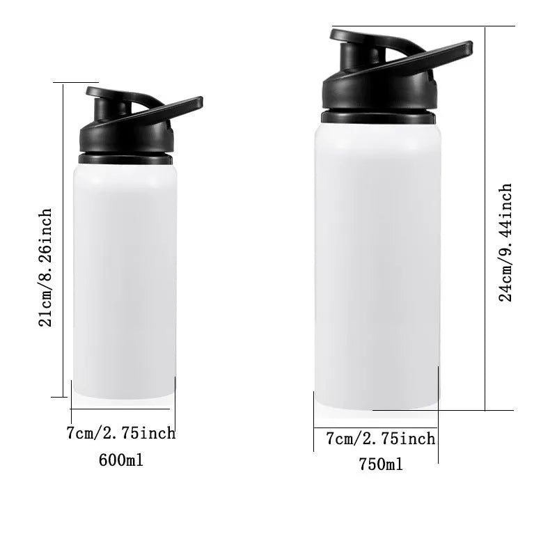 White aluminium sports cycling water bottle shown in 600ml and 750ml sizes.