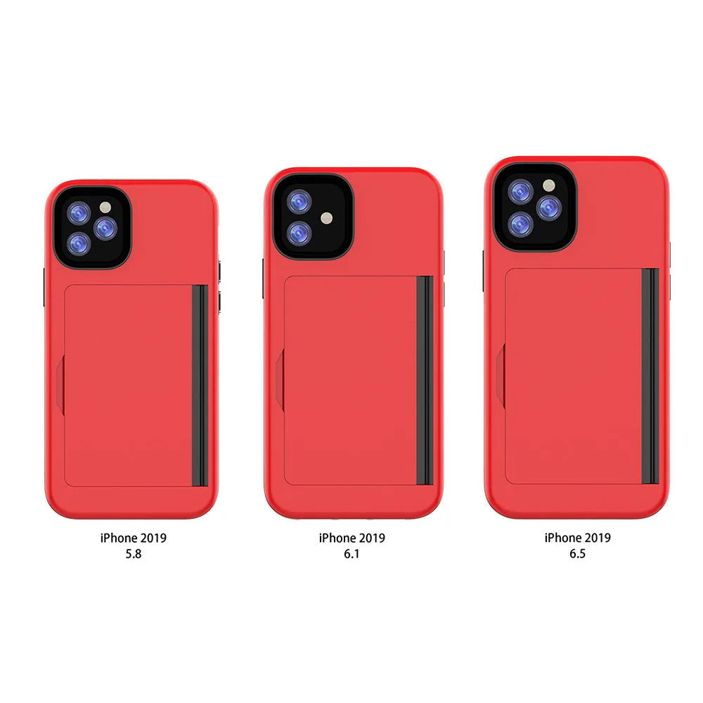 Slim solid-colour mobile phone case for iPhone 11, shown in black, red, pink, blue, dark blue, and purple.