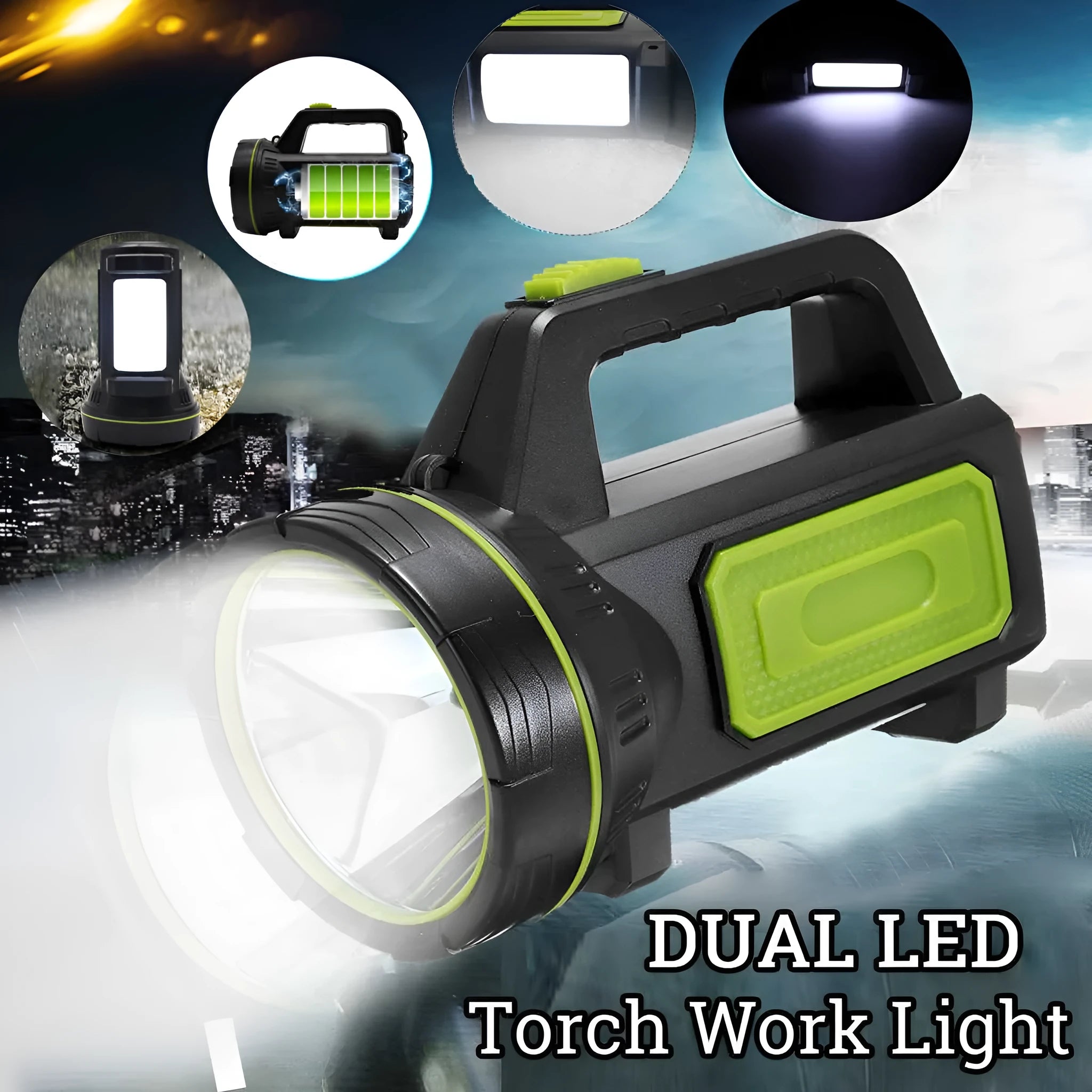 Green USB rechargeable super bright LED flashlight with long-range beam on a table.
