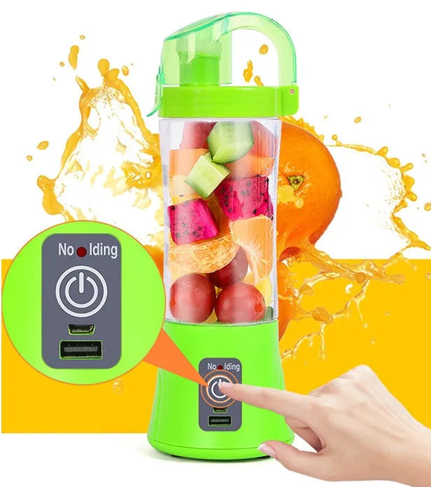 Blue handheld USB rechargeable fruit juicer with 400ml cup and 150W motor