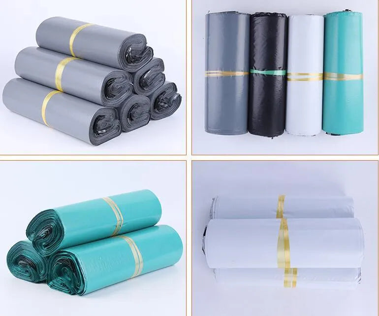 A bundle of 100 flat, clear PE plastic courier bags for clothing with adhesive sticker seals.