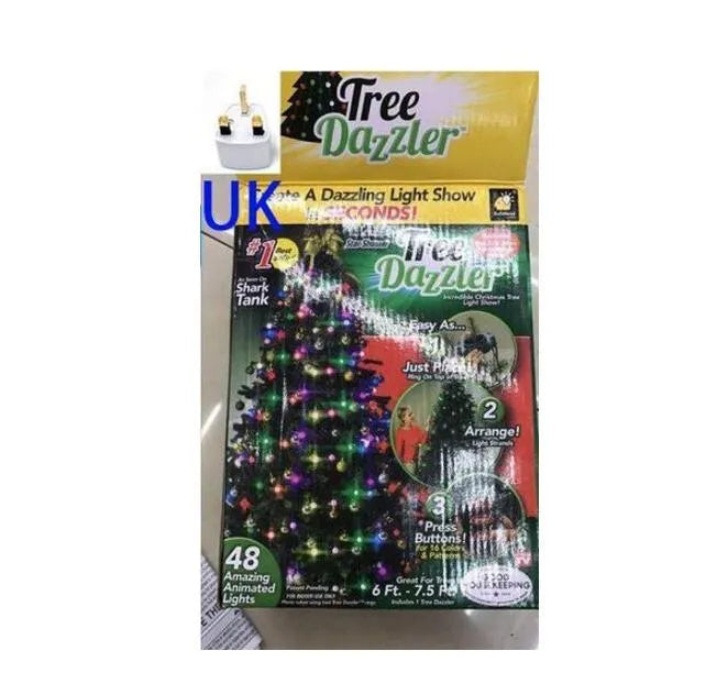 64 LED Christmas tree light string stretched out showing its 1.8 metre length and button control for dimming and colours.