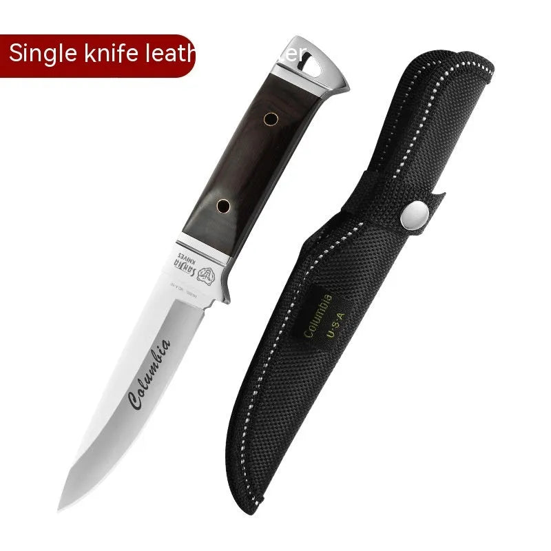 Camping portable fruit knife with stainless steel blade and brown leather case.