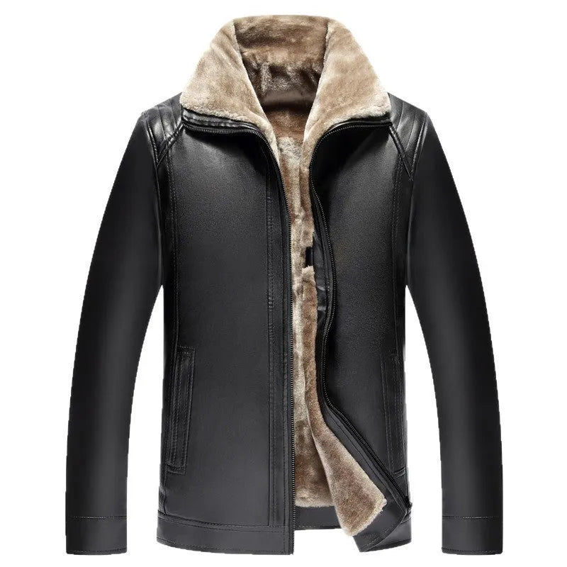 Men's one-piece artificial leather coat with velvet lining, black colour, straight hem design