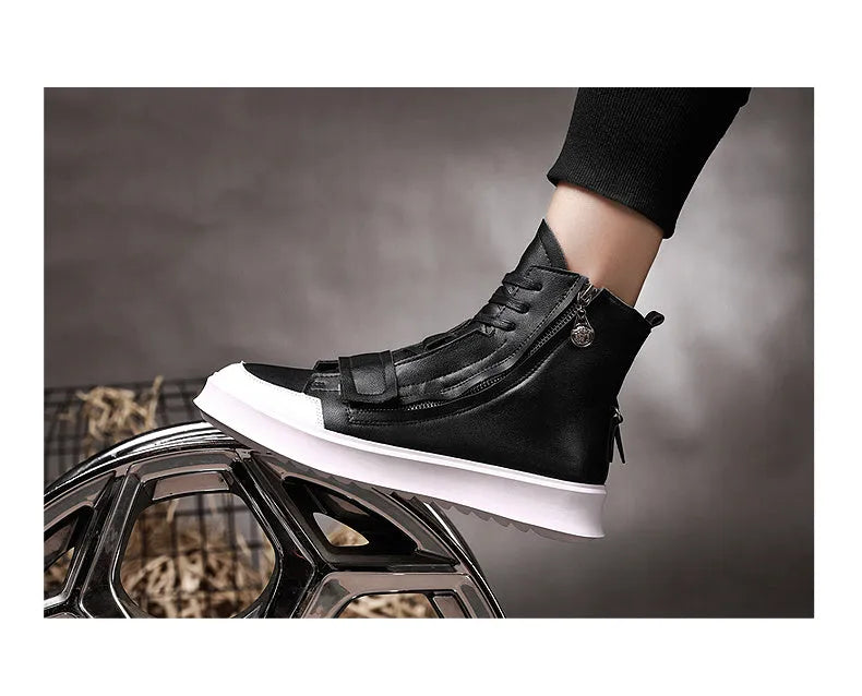 Men's black PU leather ankle boot with high-top sneaker design on a white background