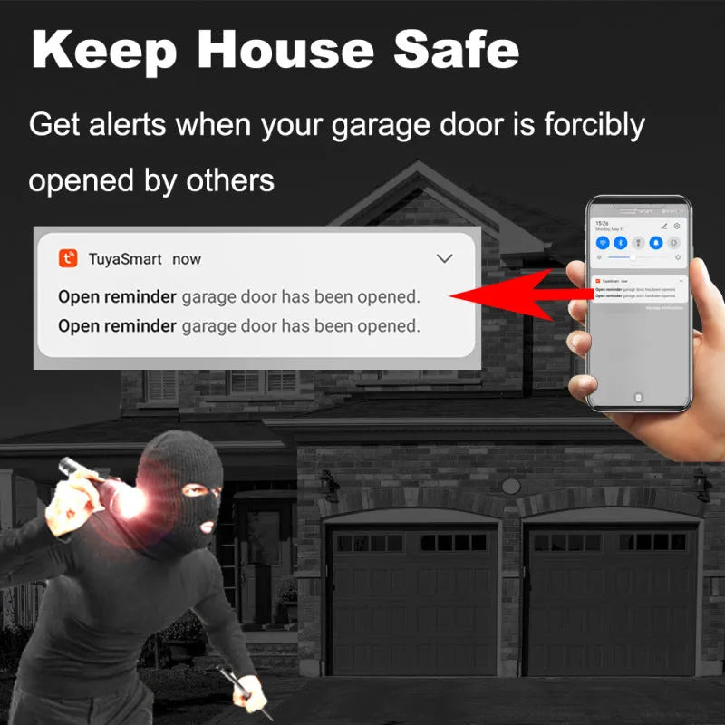 Black plastic smart garage door controller with WiFi and app for remote access and voice control.
