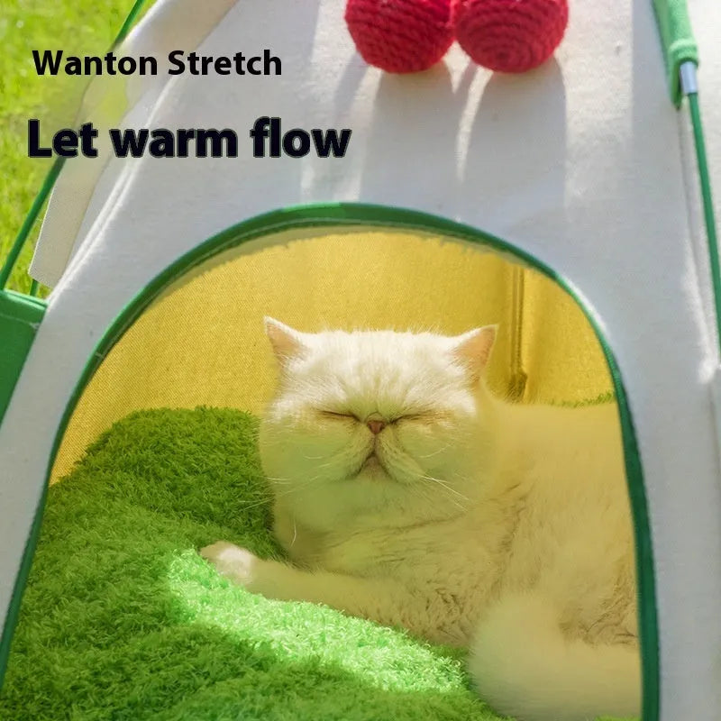 Dome-shaped cloth cat tent with front opening and optional thick pad insert