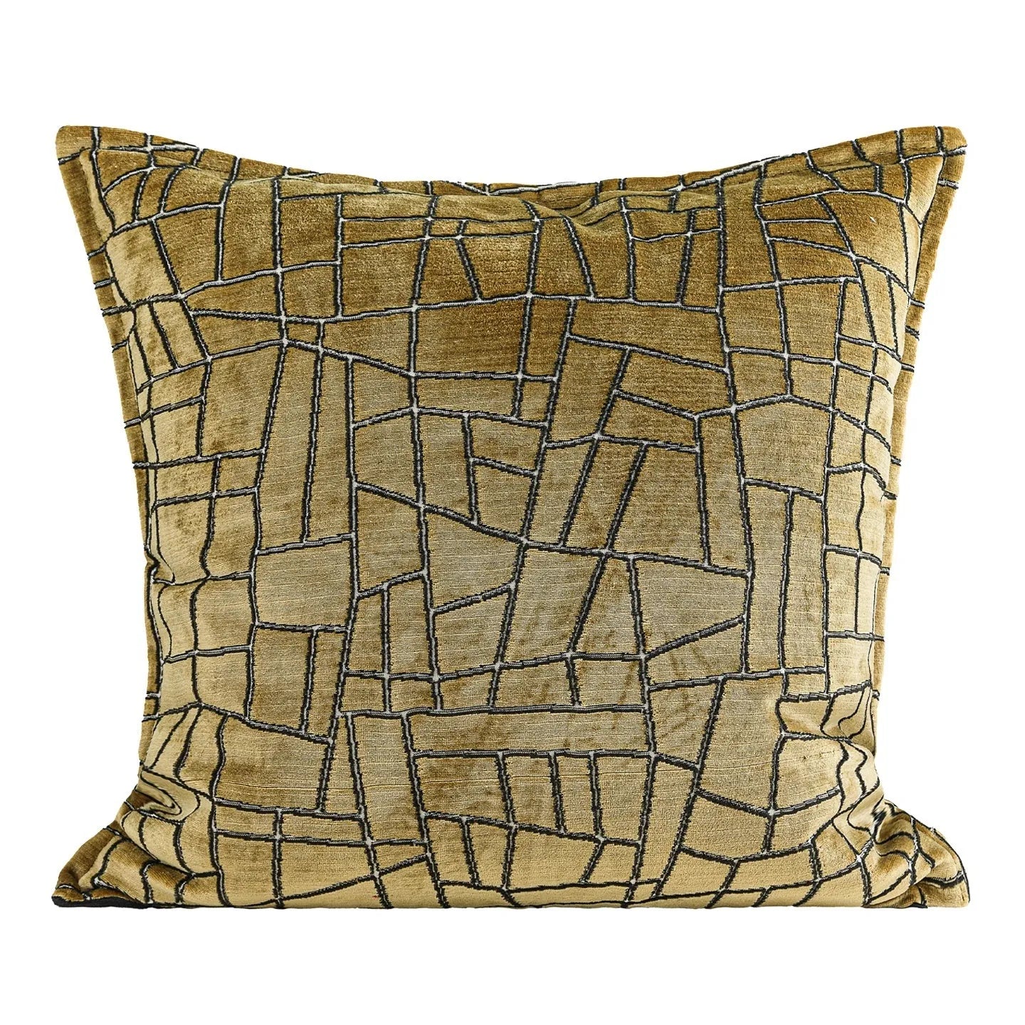Gold geometric pattern polyester cushion cover showing three size options