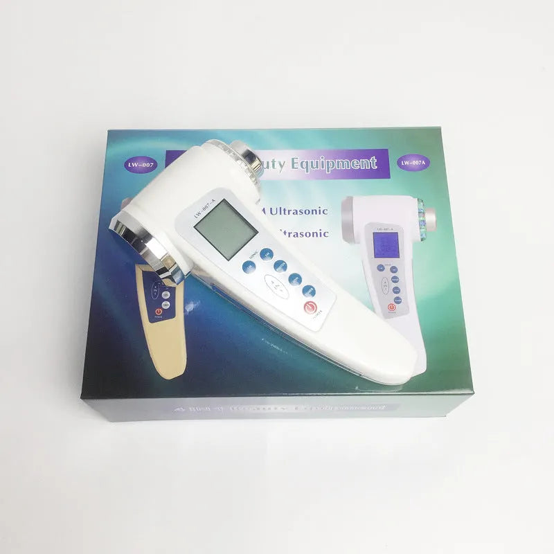 White ultrasonic beauty instrument with two stainless steel heads and ABS handle, 165mm height, 195g weight