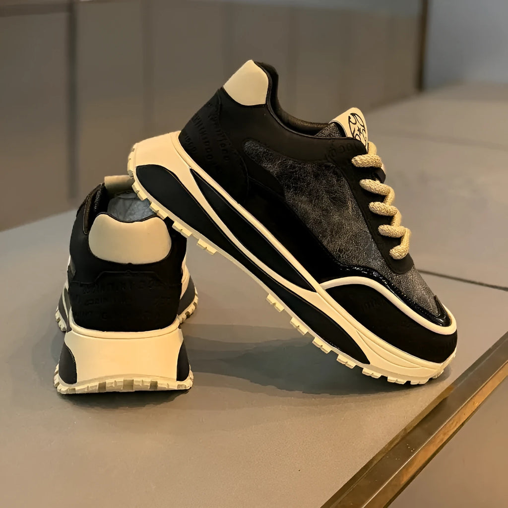 Men's thick sole retro dad shoes in synthetic leather with lace-up front and mid heel