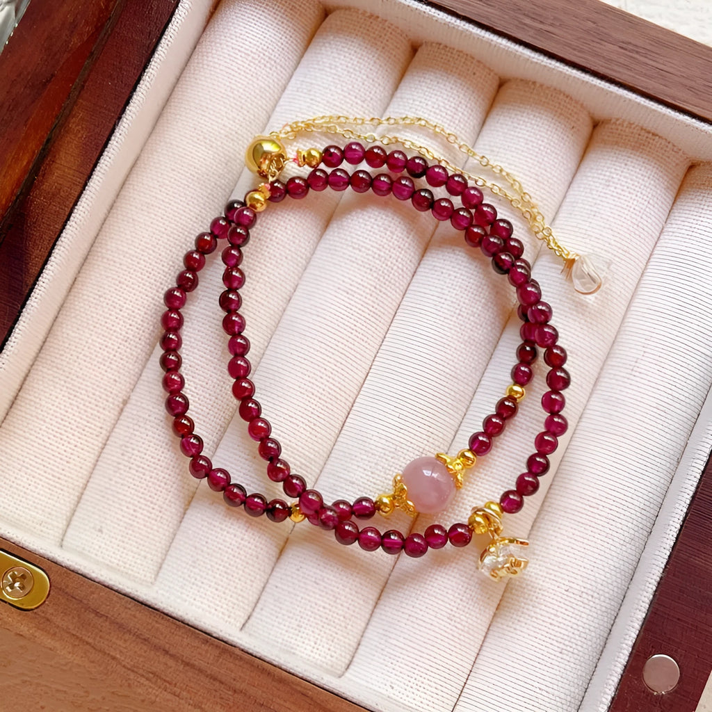 Natural garnet double ring bracelet for women with adjustable design