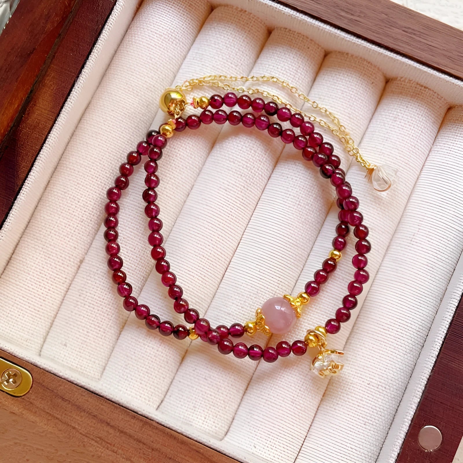 Natural garnet double ring bracelet for women with adjustable design