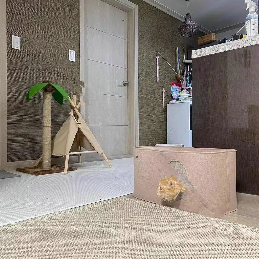 A khaki-coloured foldable felt cat nest for use inside pet cages.