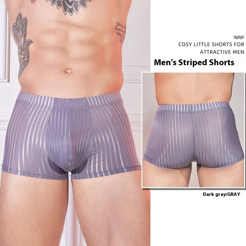 Men's striped transparent boxer briefs in black, white, and dark grey on a plain background.