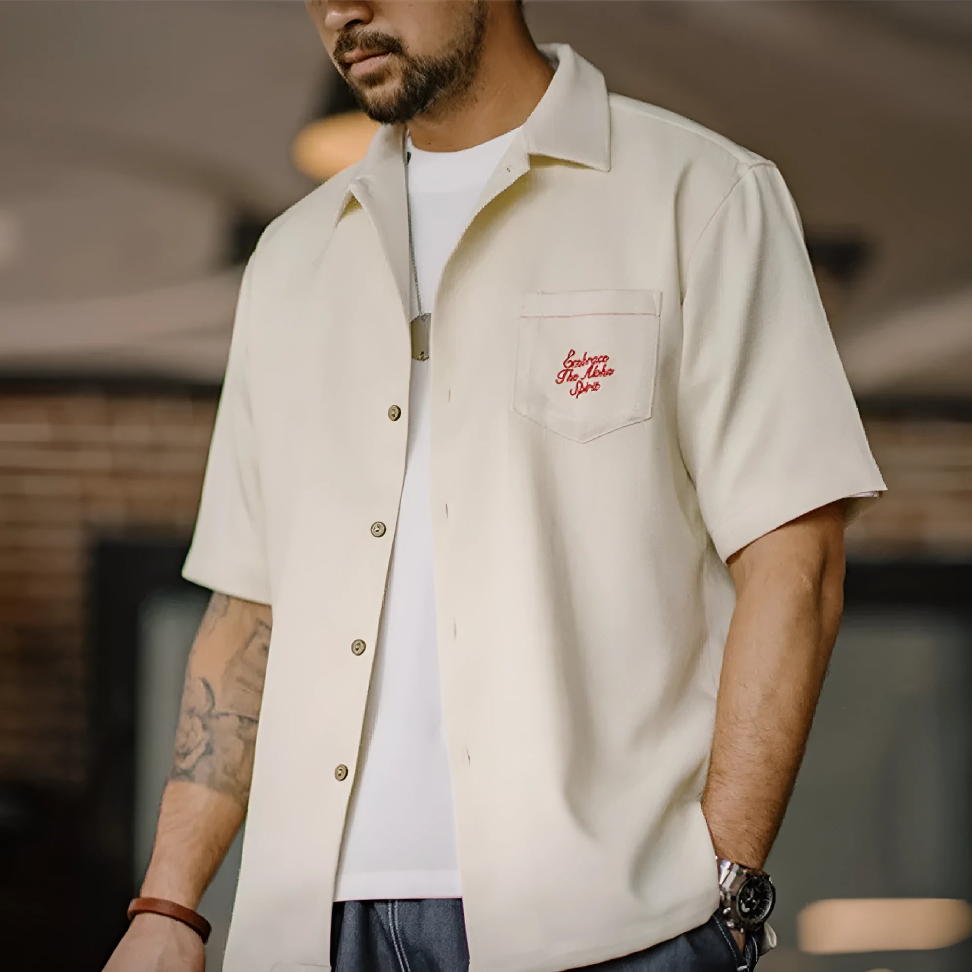 Light apricot Cuban collar shirt with bamboo pattern design for men