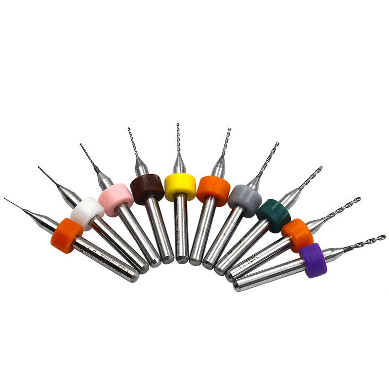 Tungsten steel straight shank PCB drill bits with small diameter blades, 10-piece pack.