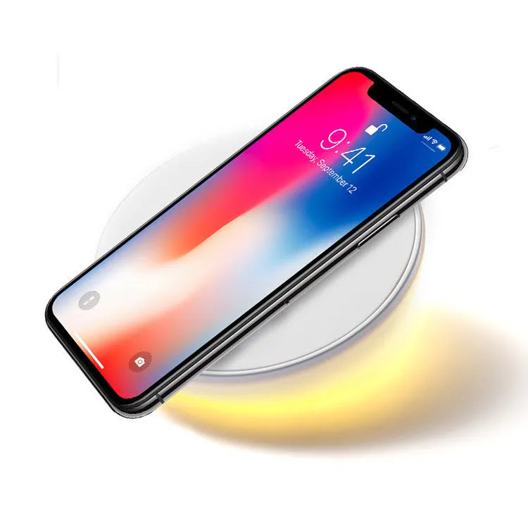 White wireless charger with digital clock display, alarm function and night light for QI smartphones