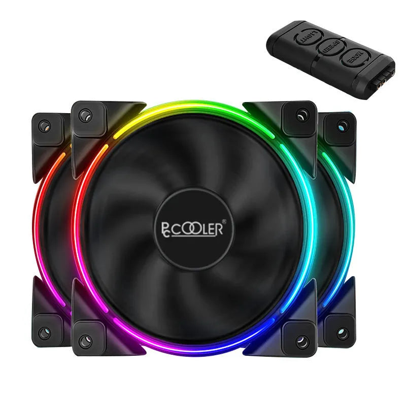 Three black 120mm RGB PC cooling fans with hydraulic bearings and synchronised lighting effects