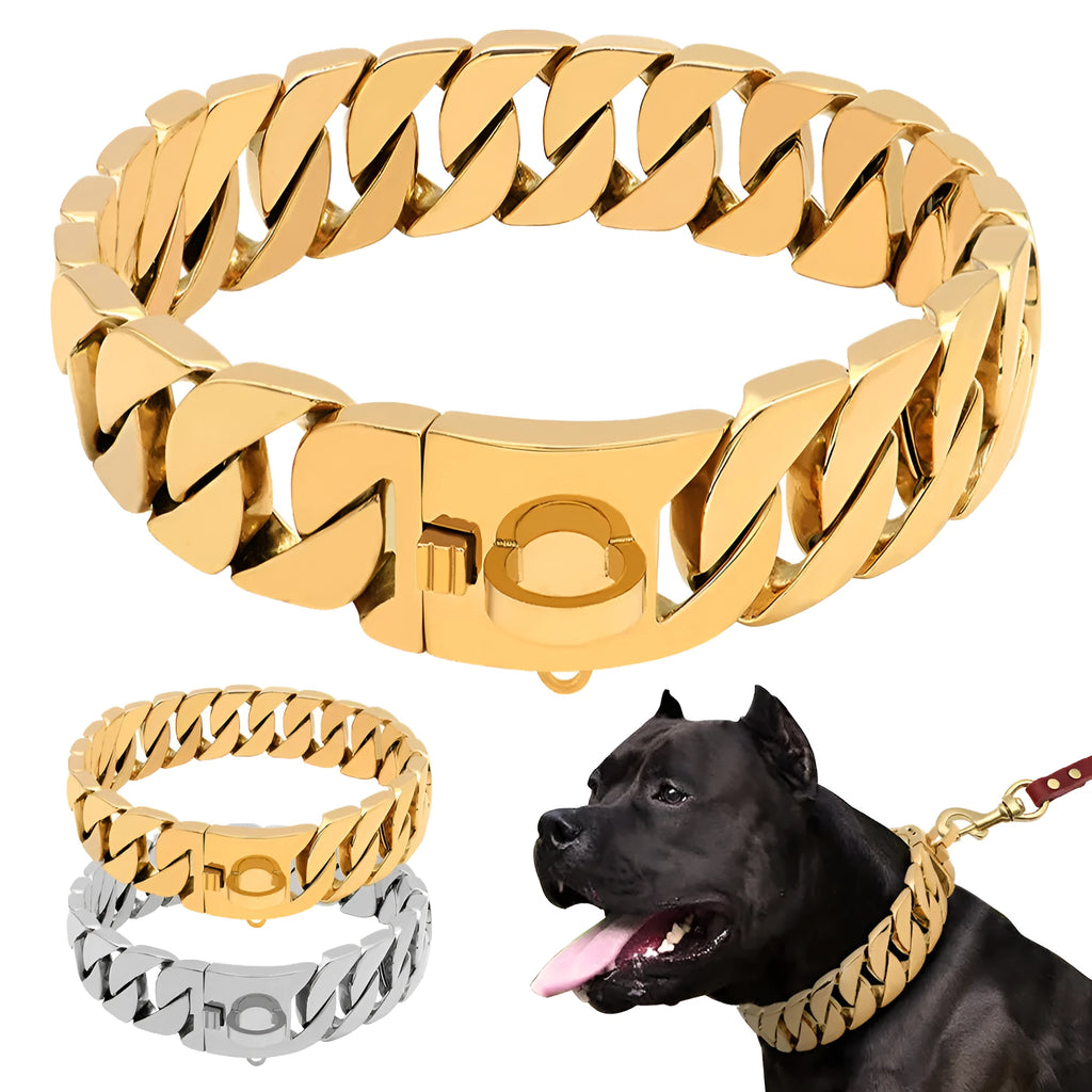 Stainless steel dog chain collar in silver finish, 3mm thickness, 45cm length on a white background