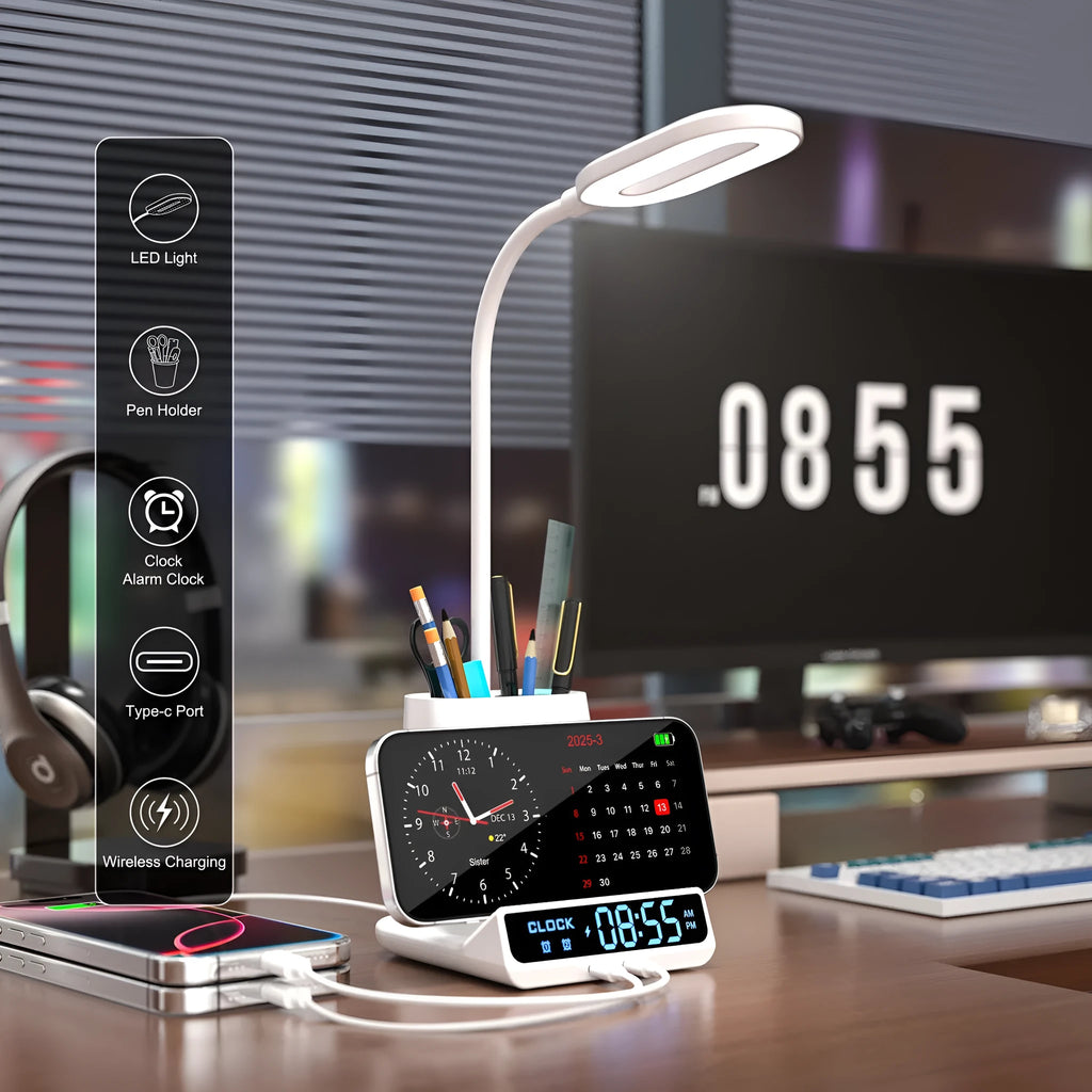 Modern minimalist wireless charging desk lamp with built-in pen holder and storage compartment