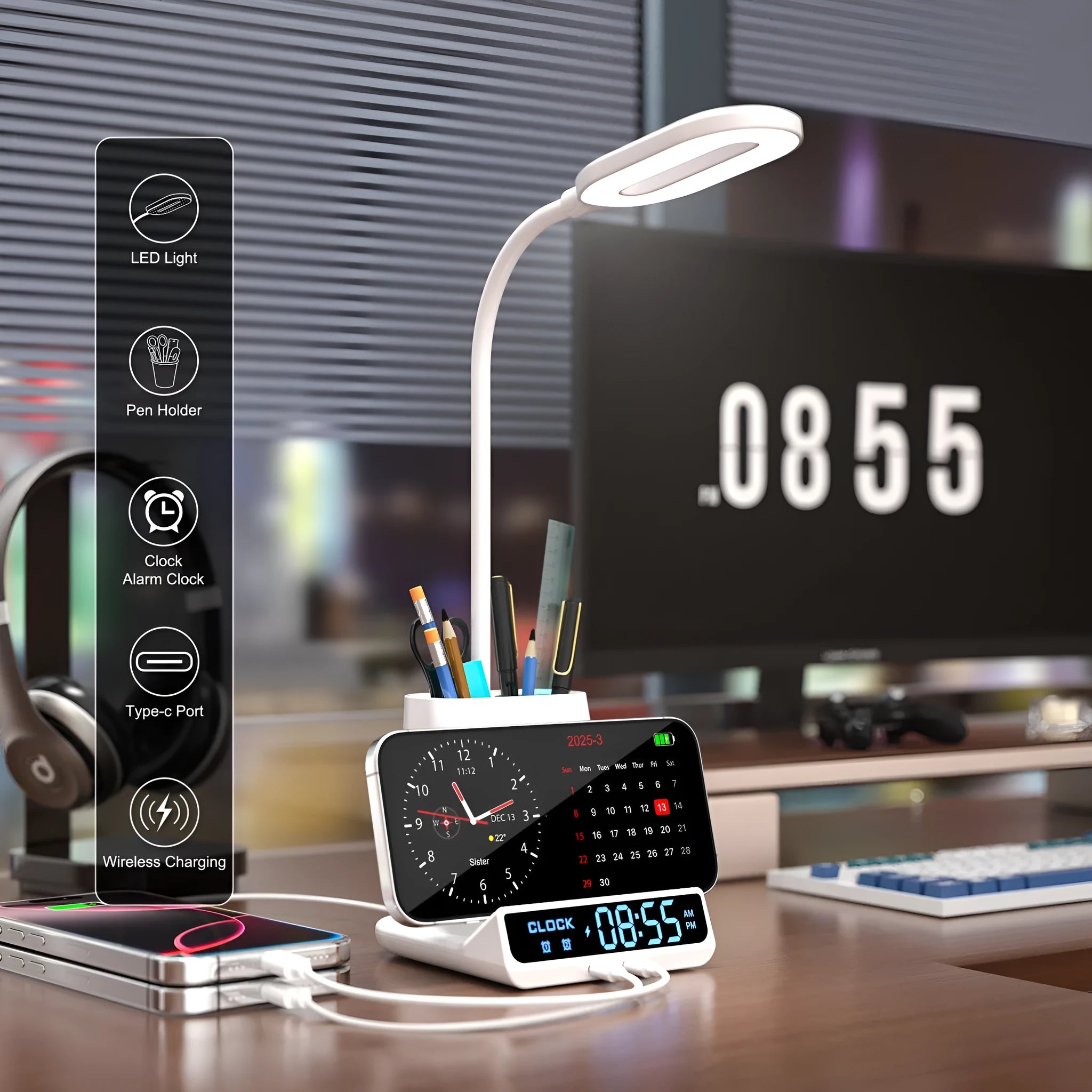 Modern minimalist wireless charging desk lamp with built-in pen holder and storage compartment