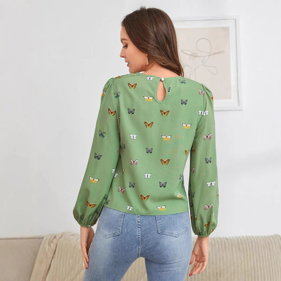 Women's long-sleeved butterfly print shirt in loose fit green or orange