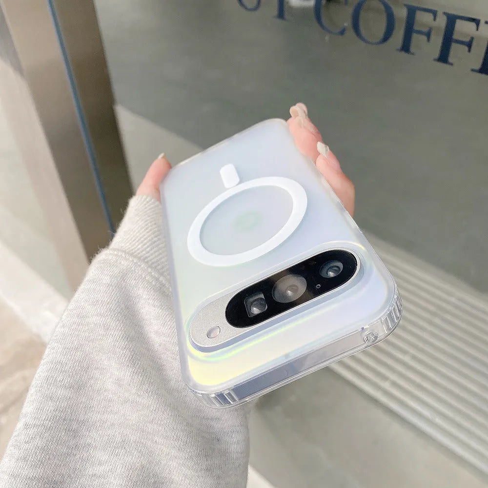 Colourful frosted laser effect matte phone case for Google smartphones on a table.