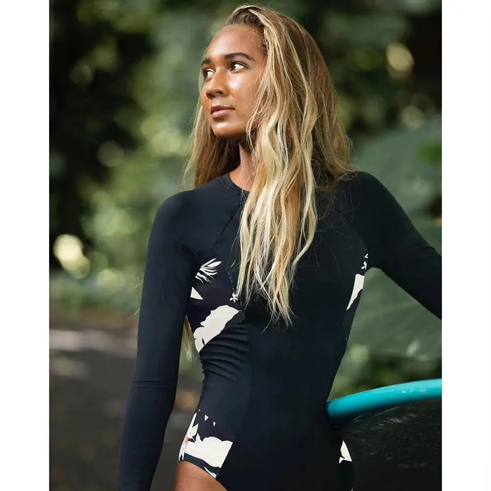 Women's black long-sleeved one-piece diving suit with printed pattern for swimming