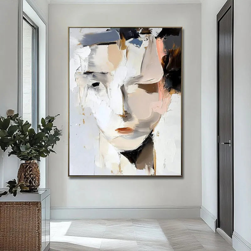 Hand-painted abstract woman portrait oil painting on canvas, modern black and white, vertical orientation