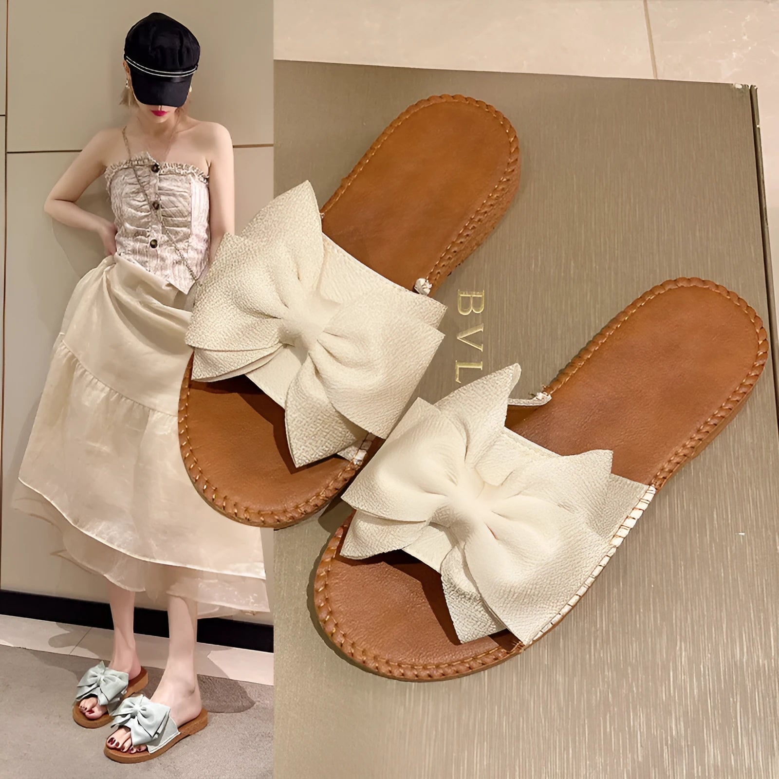 Women's beige suede slip-on sandals with bow detail and flat rubber sole