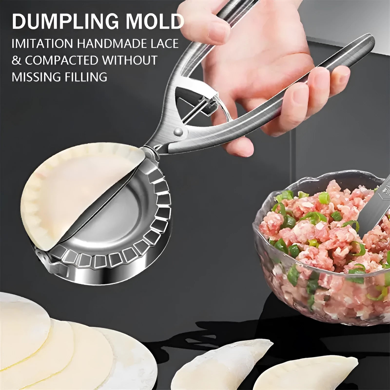 Silver stainless steel dumpling maker mould for creating sealed dumplings