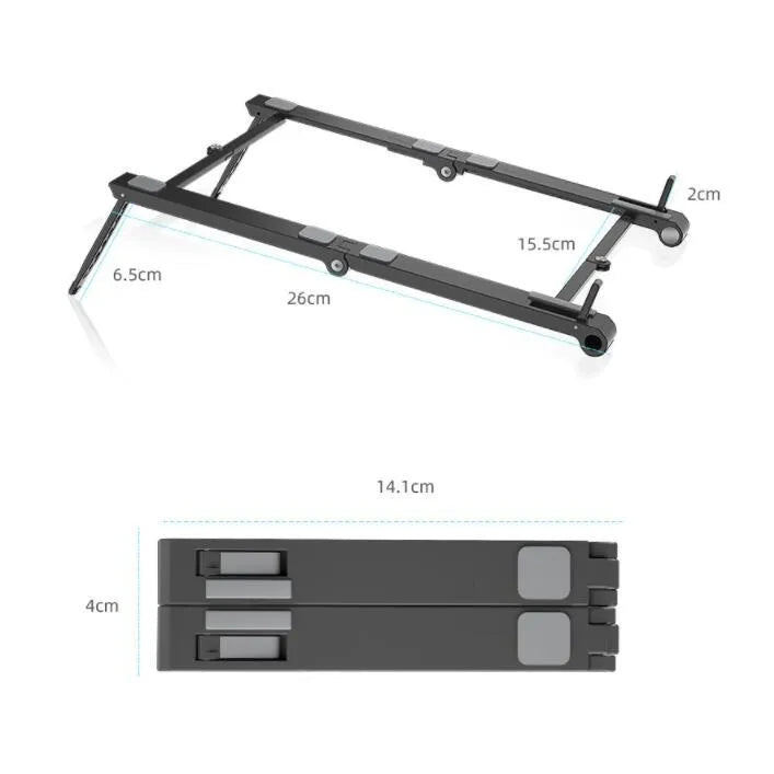 Grey multifunctional laptop stand with seven-shaped silicone grip on a flat surface