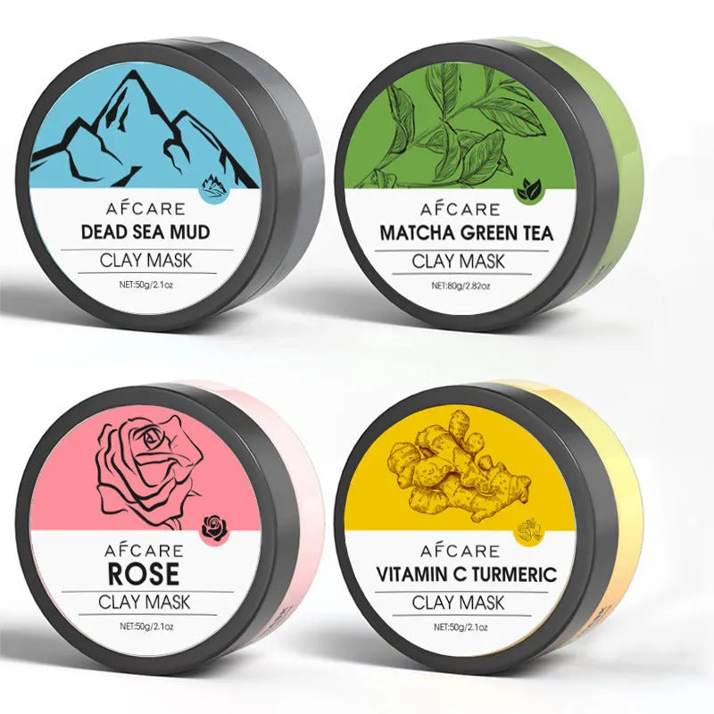 Set of four Dead Sea mud, green tea, turmeric, and rose clay facial mask packets, 80ml each.