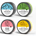 Set of four Dead Sea mud, green tea, turmeric, and rose clay facial mask packets, 80ml each.