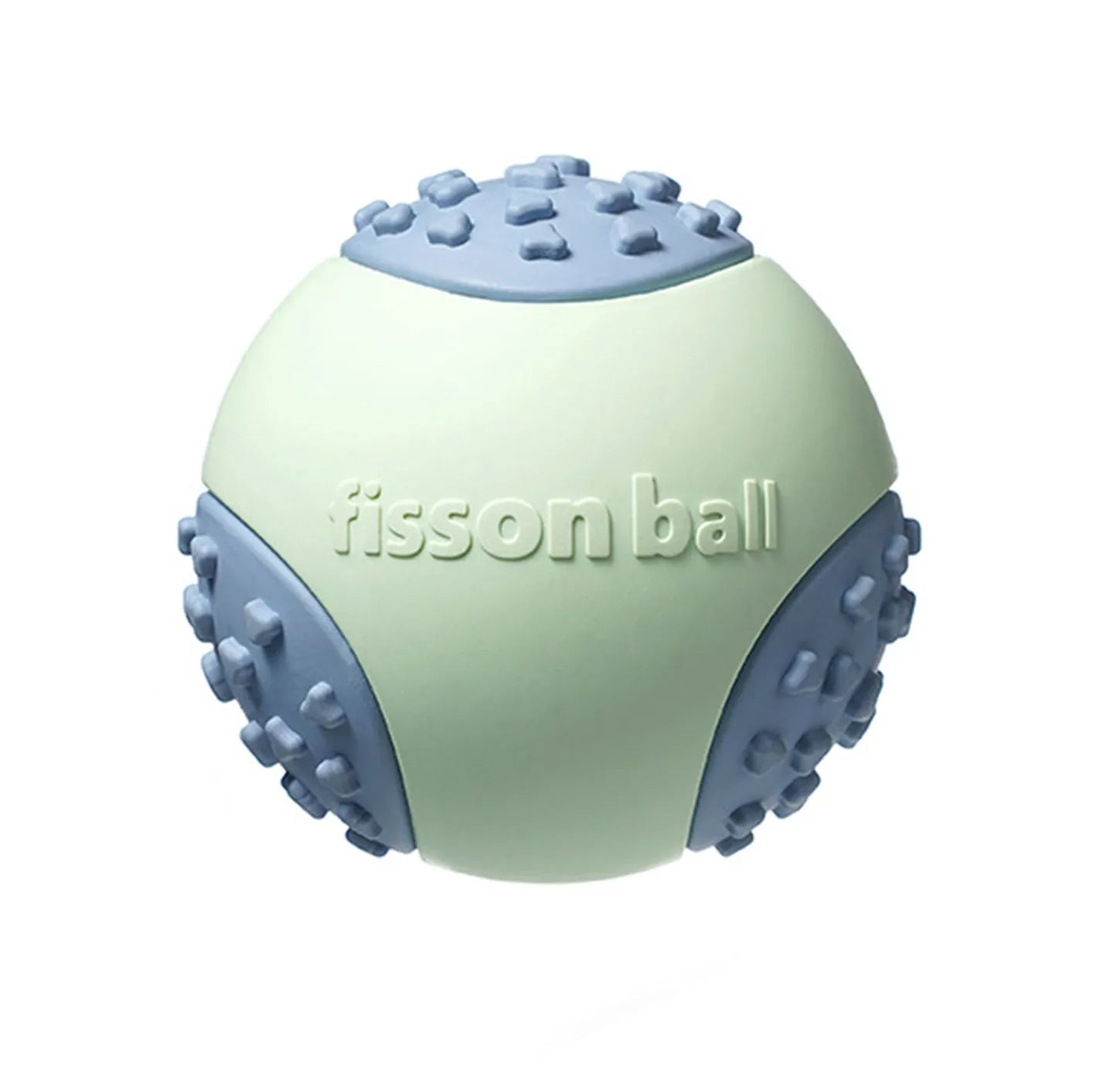 Green and pink rolling ball dog toys showing 64mm diameter size for interactive pet play